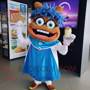 Blue Pulled Pork Sandwich mascot costume character dressed with a Maxi Dress and Smartwatches