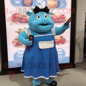 Blue Pulled Pork Sandwich mascot costume character dressed with a Maxi Dress and Smartwatches