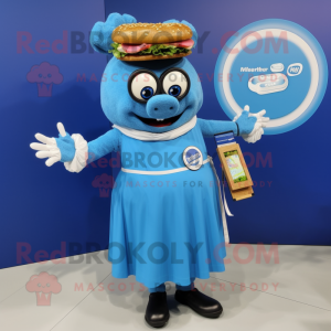 Blue Pulled Pork Sandwich mascot costume character dressed with a Maxi Dress and Smartwatches