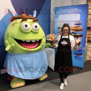 Blue Pulled Pork Sandwich mascot costume character dressed with a Maxi Dress and Smartwatches