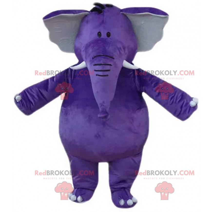 Mascote elefante roxo, gigante, gordo e divertido -
