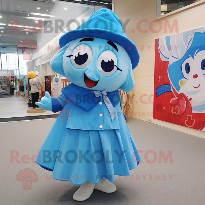 Sky Blue Tuna mascot costume character dressed with a Maxi Skirt and Berets