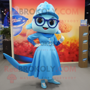 Sky Blue Tuna mascot costume character dressed with a Maxi Skirt and Berets