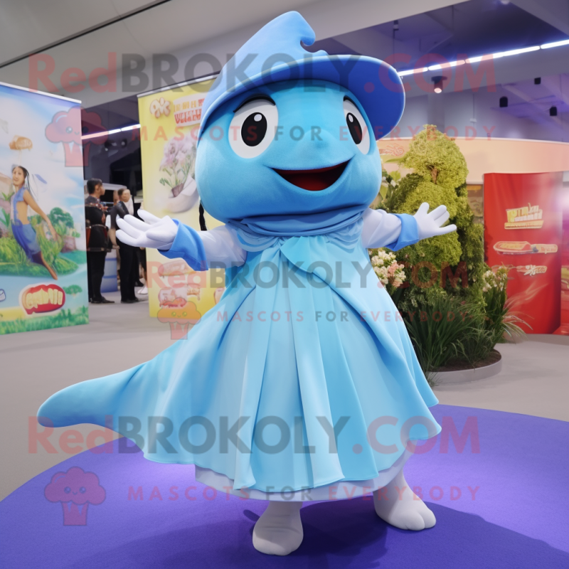 Sky Blue Tuna mascot costume character dressed with a Maxi Skirt and Berets