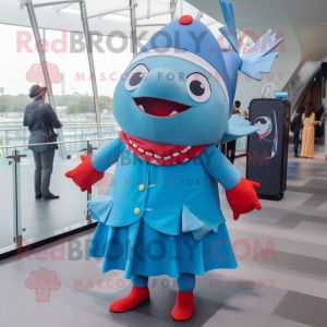 Sky Blue Tuna mascot costume character dressed with a Maxi Skirt and Berets