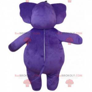 Mascote elefante roxo, gigante, gordo e divertido -