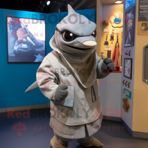 Gray Swordfish mascot costume character dressed with a Parka and Brooches