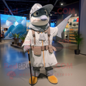 Gray Swordfish mascot costume character dressed with a Parka and Brooches