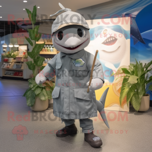 Gray Swordfish mascot costume character dressed with a Parka and Brooches