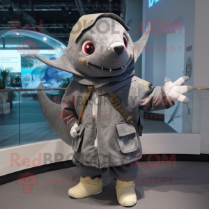 Gray Swordfish mascot costume character dressed with a Parka and Brooches