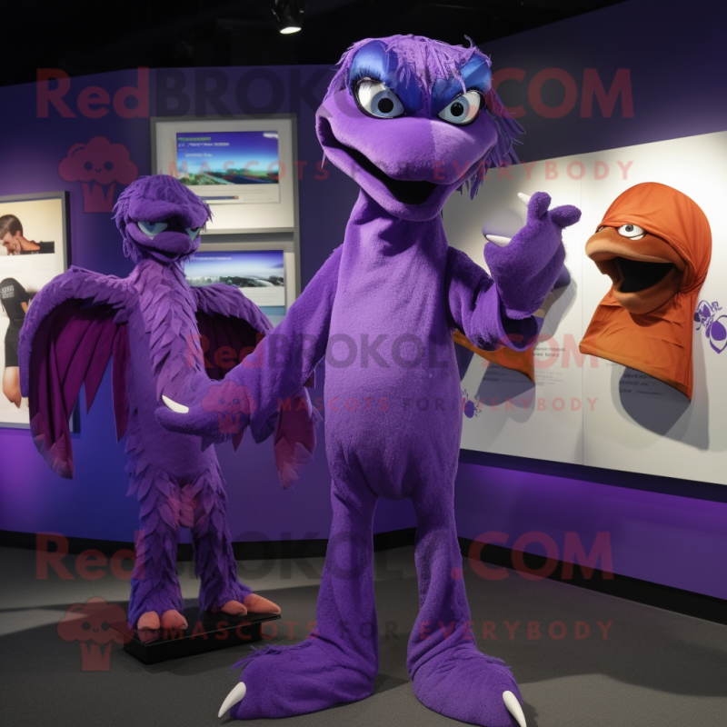 Purple Archeopteryx mascot costume character dressed with a Jumpsuit and Wraps
