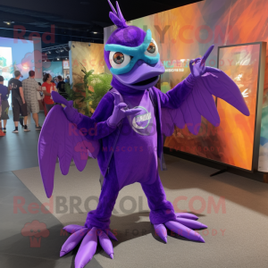 Purple Archeopteryx mascot costume character dressed with a Jumpsuit and Wraps