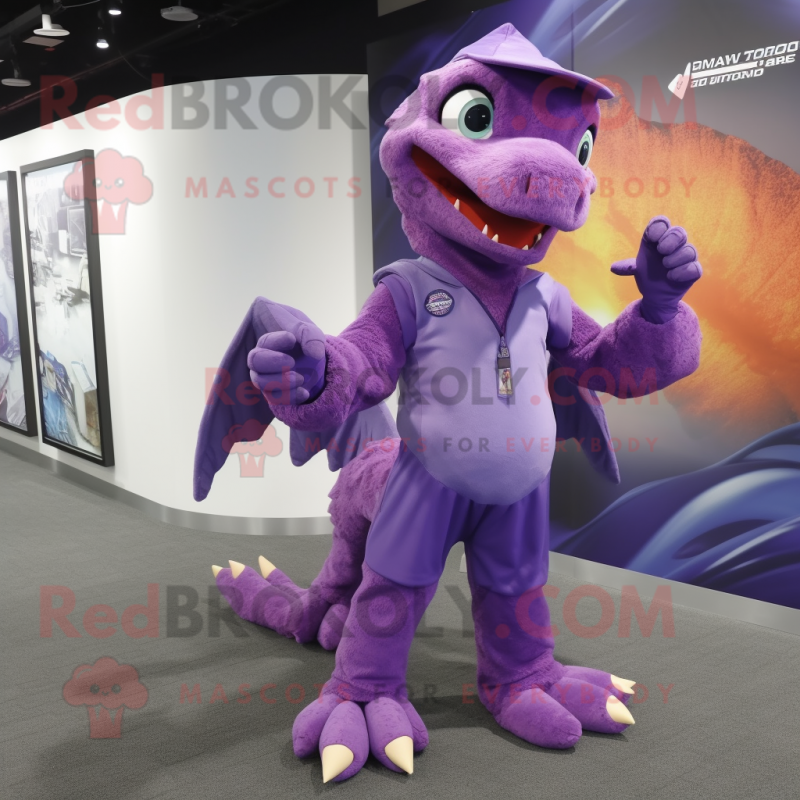 Purple Archeopteryx mascot costume character dressed with a Jumpsuit and Wraps