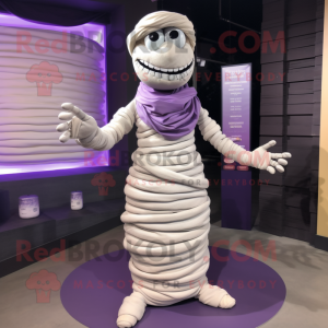 Lavender Mummy mascot costume character dressed with a Ball Gown and Bracelets