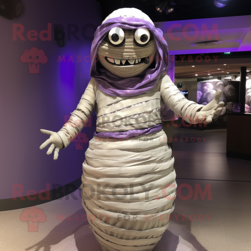 Lavender Mummy mascot costume character dressed with a Ball Gown and Bracelets