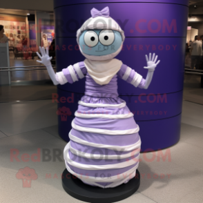 Lavender Mummy mascot costume character dressed with a Ball Gown and Bracelets