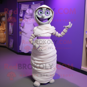 Lavender Mummy mascot costume character dressed with a Ball Gown and Bracelets