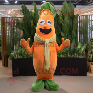 Orange Asparagus mascot costume character dressed with a Corduroy Pants and Scarves