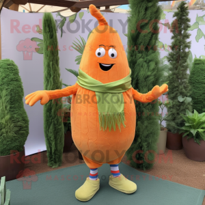 Orange Asparagus mascot costume character dressed with a Corduroy Pants and Scarves