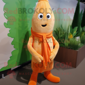 Orange Asparagus mascot costume character dressed with a Corduroy Pants and Scarves