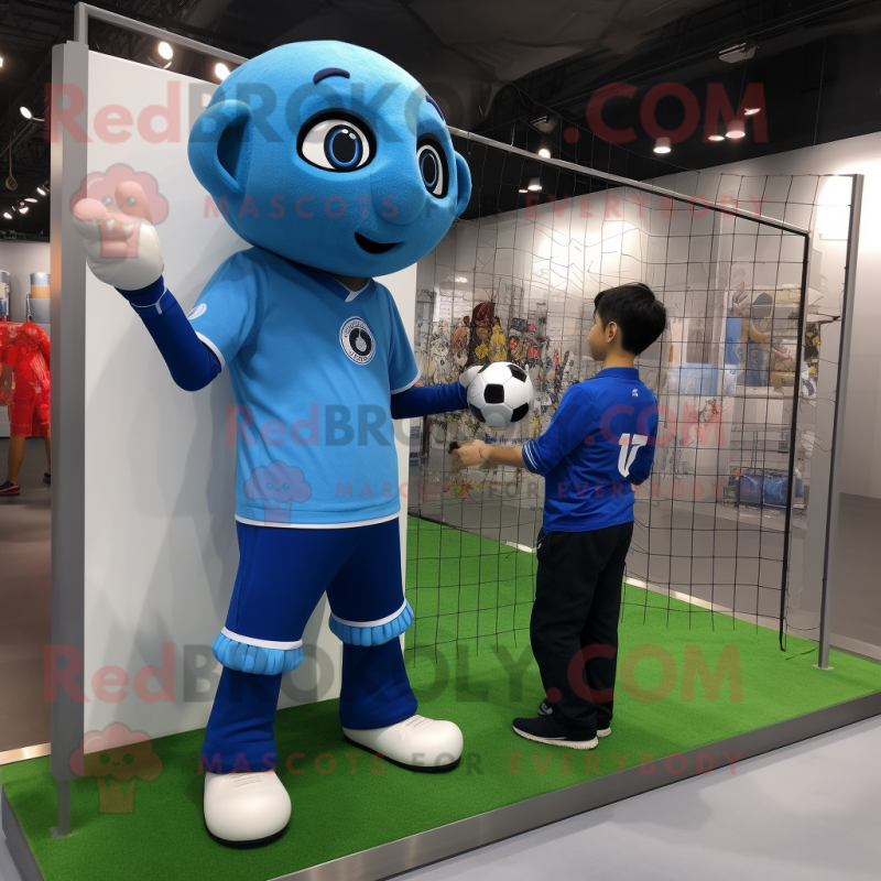 Blue Soccer Goal mascot costume character dressed with a Cargo Pants and Watches Blue Soccer Goal mascot costume character dressed with a Cargo Pants and Watches