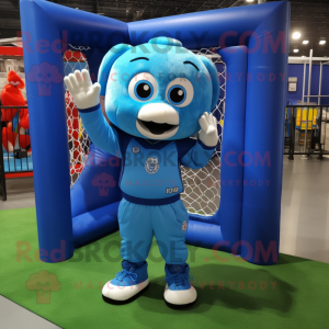 Blue Soccer Goal mascot costume character dressed with a Cargo Pants and Watches