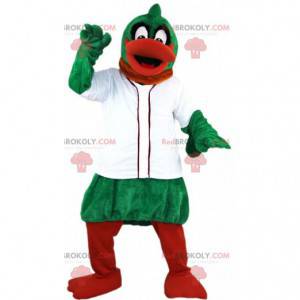 Green and orange duck mascot with a white jacket -
