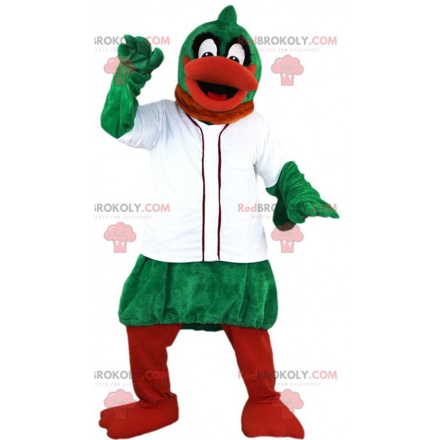 Green and orange duck mascot with a white jacket -