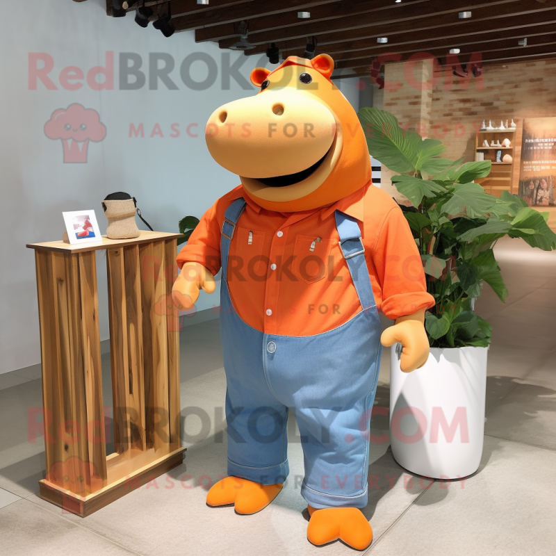 Orange Hippopotamus mascot costume character dressed with a Chambray Shirt and Clutch bags