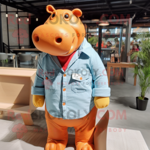 Orange Hippopotamus mascot costume character dressed with a Chambray Shirt and Clutch bags