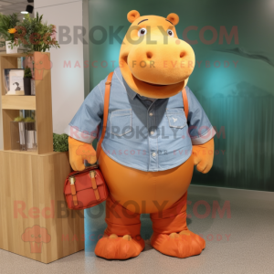 Orange Hippopotamus mascot costume character dressed with a Chambray Shirt and Clutch bags