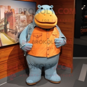 Orange Hippopotamus mascot costume character dressed with a Chambray Shirt and Clutch bags