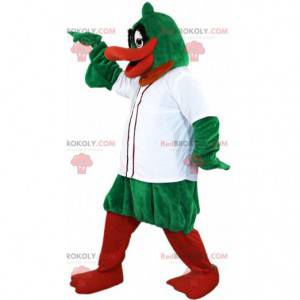 Green and orange duck mascot with a white jacket -