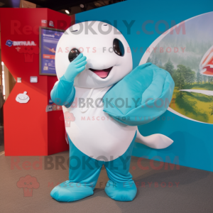 Turquoise Beluga Whale mascot costume character dressed with a Long Sleeve Tee and Coin purses