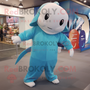 Turquoise Beluga Whale mascot costume character dressed with a Long Sleeve Tee and Coin purses