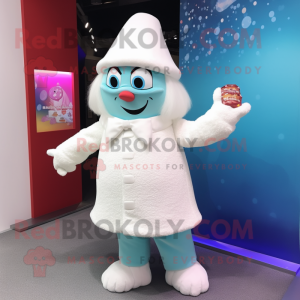 White Candy mascot costume character dressed with a Coat and Clutch bags