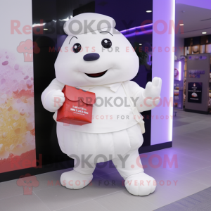 White Candy mascot costume character dressed with a Coat and Clutch bags