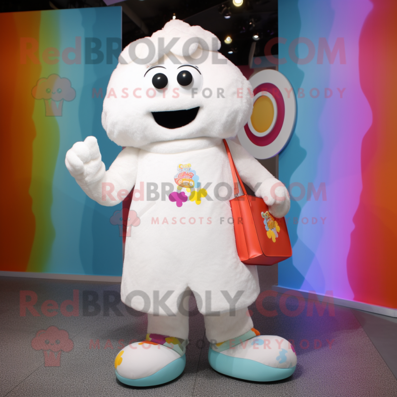 White Candy mascot costume character dressed with a Coat and Clutch bags