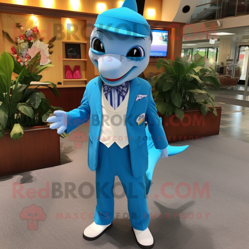 Sky Blue Dolphin mascot costume character dressed with a Suit Jacket and Headbands