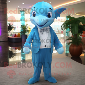 Sky Blue Dolphin mascot costume character dressed with a Suit Jacket and Headbands