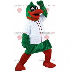 Green and orange duck mascot with a white jacket -