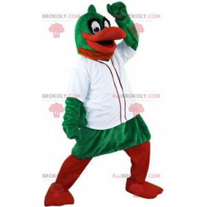 Mascotte de canard vert et orange avec une veste blanche -
