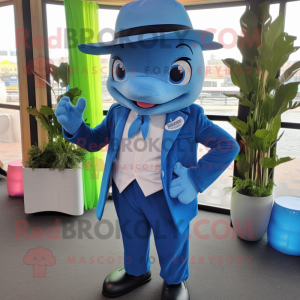 Sky Blue Dolphin mascot costume character dressed with a Suit Jacket and Headbands