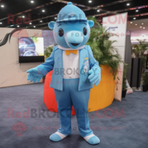 Sky Blue Dolphin mascot costume character dressed with a Suit Jacket and Headbands