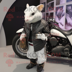 White Armadillo mascot costume character dressed with a Biker Jacket and Briefcases