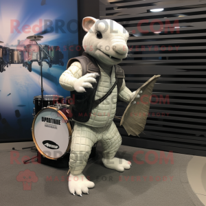 White Armadillo mascot costume character dressed with a Biker Jacket and Briefcases