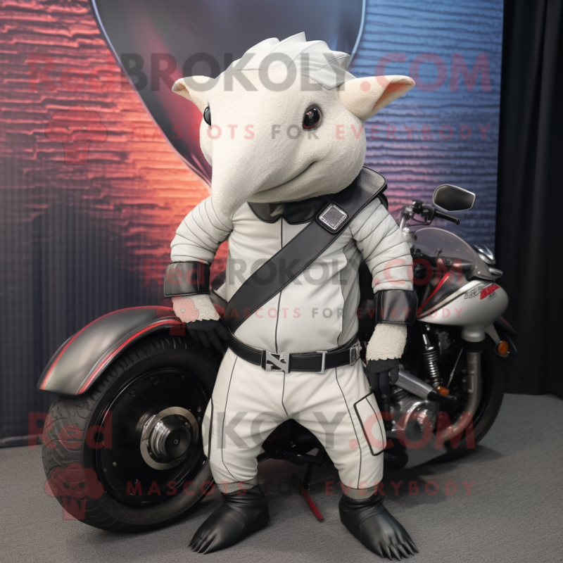 White Armadillo mascot costume character dressed with a Biker Jacket and Briefcases