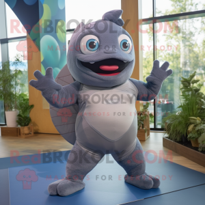 Gray Piranha mascot costume character dressed with a Yoga Pants and Gloves