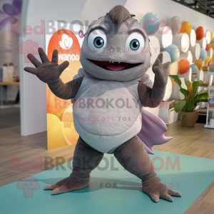 Gray Piranha mascot costume character dressed with a Yoga Pants and Gloves