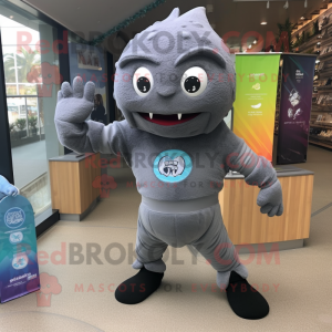 Gray Piranha mascot costume character dressed with a Yoga Pants and Gloves